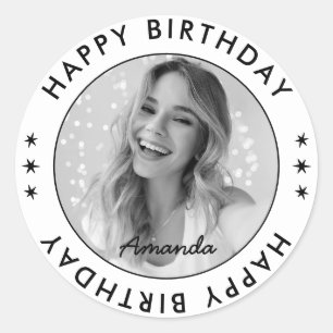 Modern Simple Elegant Classic Happy Birthday Photo Round Sticker
