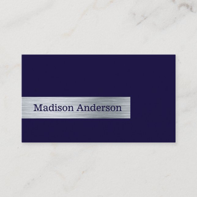 Modern Simple Elegant Gold Navy Blue Brushed Metal Business Card (Front)