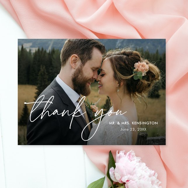 Modern Simple Elegant Handwritten Photo Wedding Thank You Card (Creator Uploaded)