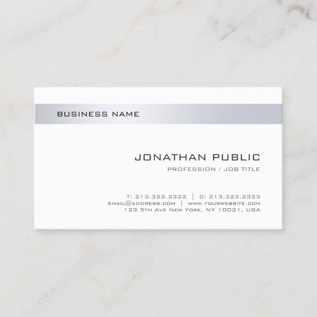 Modern Simple Elegant Minimalist Silver White Cool Business Card (Front)