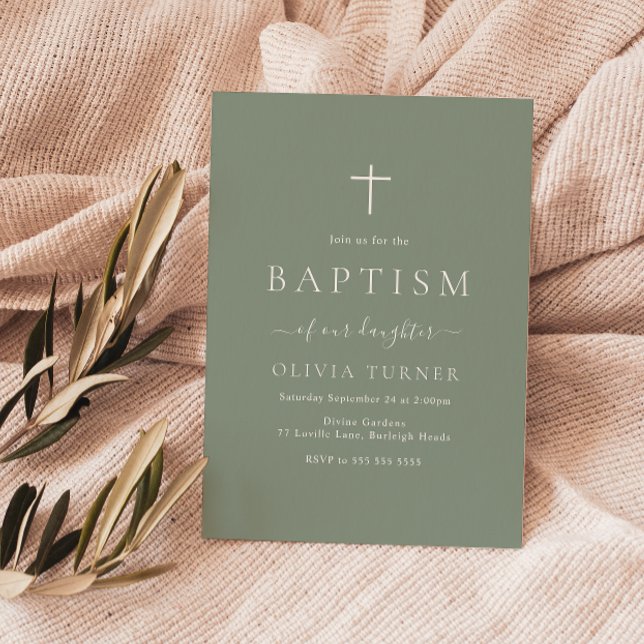 Modern Simple Elegant Sage Green Girl Boy Baptism Invitation (Creator Uploaded)