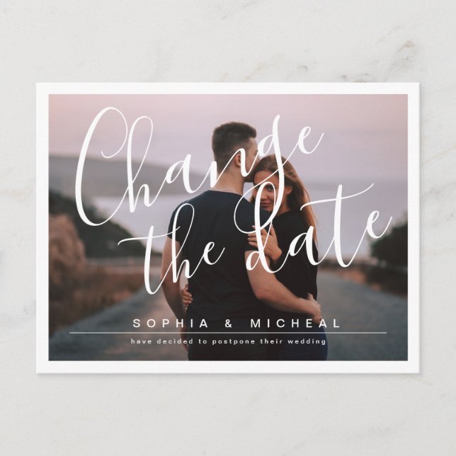 Modern simple elegant script photo postponement postcard (Front)