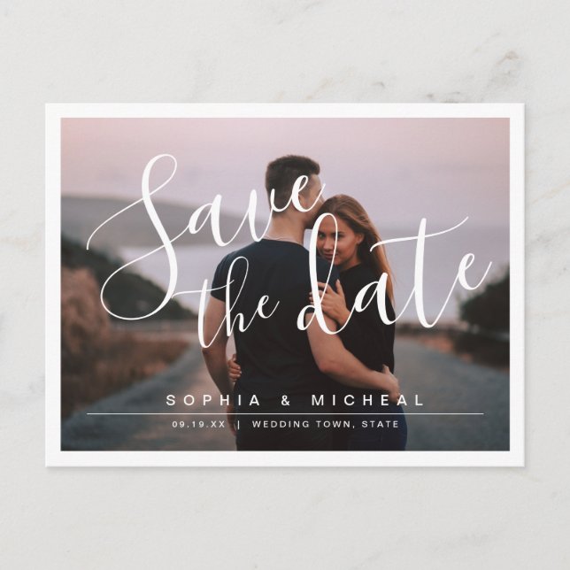 Modern simple elegant script photo save the date postcard (Front)