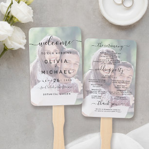 Modern simple elegant script photo wedding program hand fan