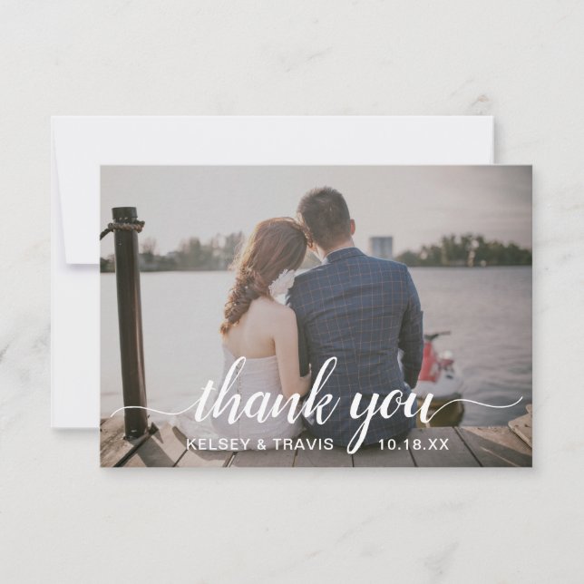 Modern Simple Elegant Script Photo Wedding Thank You Card (Front)