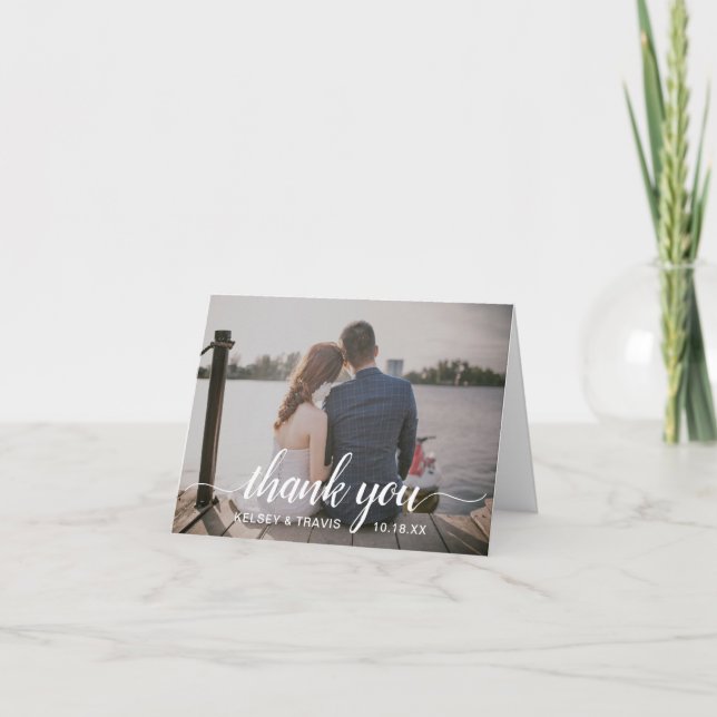 Modern Simple Elegant Script Photo Wedding Thank You Card (Front)