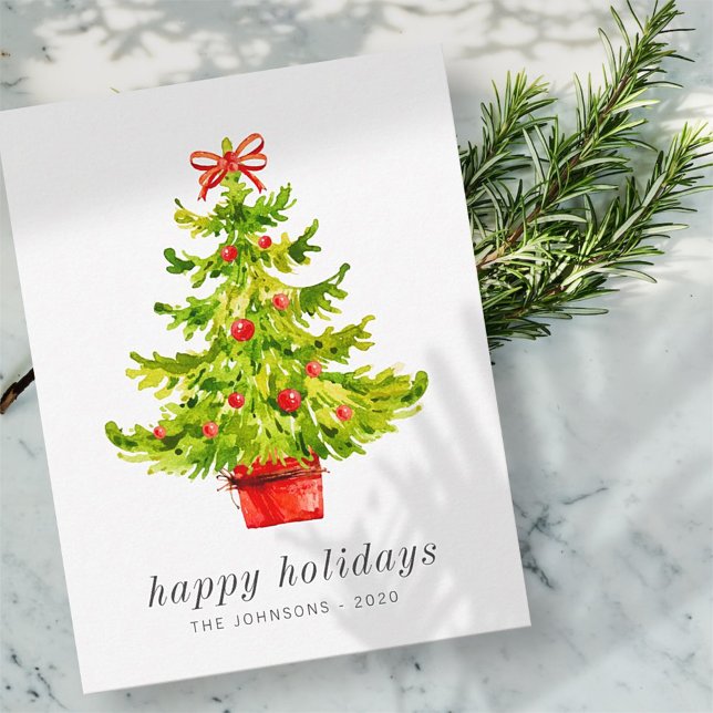 Modern Simple Elegant Watercolor Christmas Tree Holiday Card (Creator Uploaded)