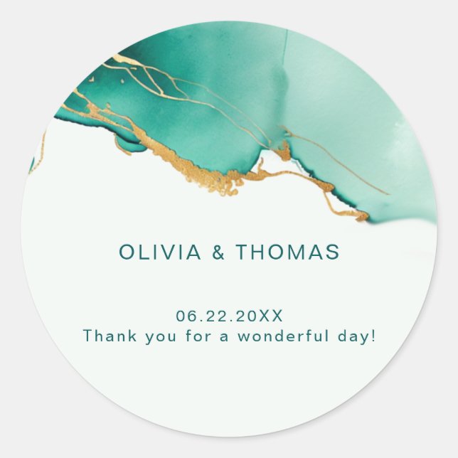 Modern Simple Emerald Gold Beach Wedding Thank You Classic Round Sticker (Front)