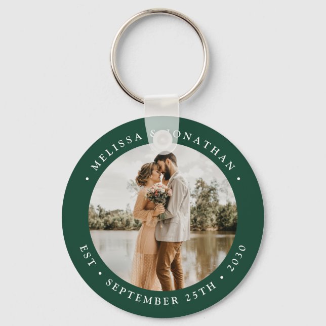 Modern Simple Emerald Green Photo Wedding Favour Key Ring (Front)