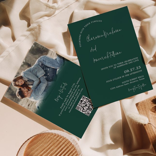 Modern Simple Emerald Green RSVP QR code Wedding Invitation (Creator Uploaded)
