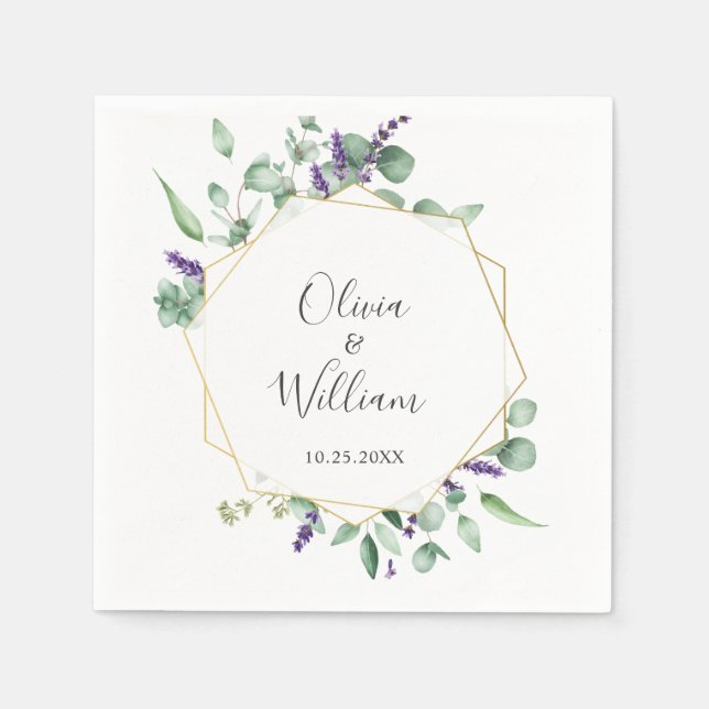 Modern Simple Eucalyptus Geometric Frame Wedding Napkin (Front)