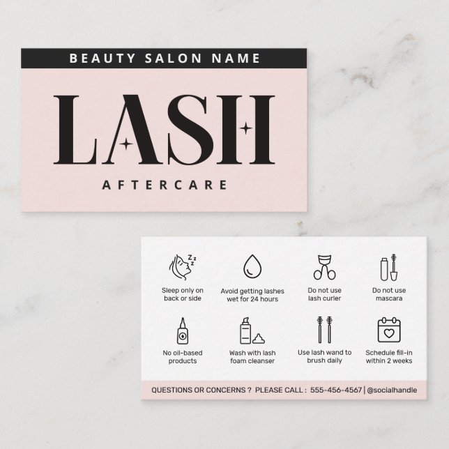 Modern Simple Eyelash Extensions Lash Aftercare  Business Card (Front/Back)
