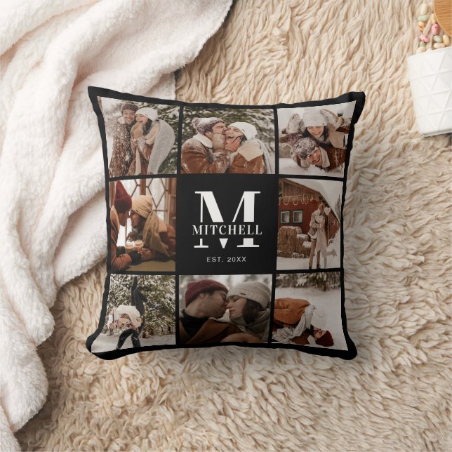 Modern Simple Family Photo Collage | Monogram Gift Cushion (Blanket)