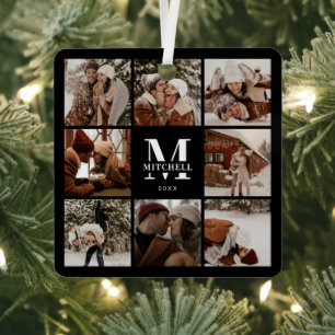 Modern Simple Family Photo Collage   Monogram Gift Metal Tree Decoration