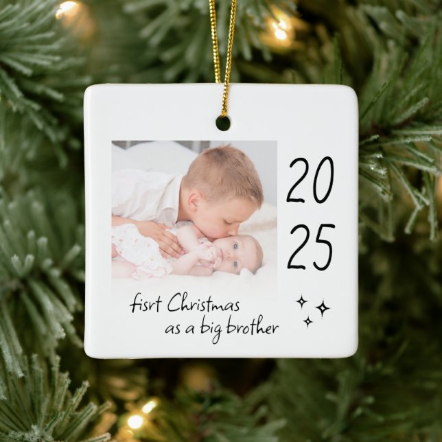 Modern Simple First Christmas As Big Brother Photo Ceramic Ornament (Tree)