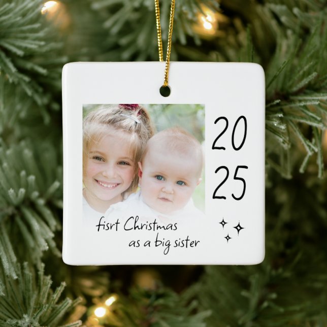 Modern Simple First Christmas As Big Sister Photo Ceramic Ornament (Tree)