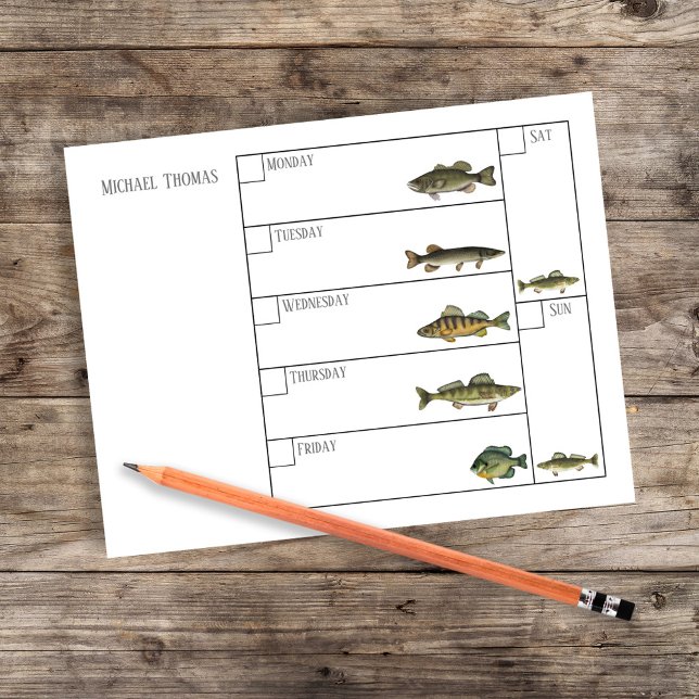 Modern Simple Fisherman Fish Weekly Calendar Notepad (Fishing weekly calendar. with the days of the week and freshwater fish.)