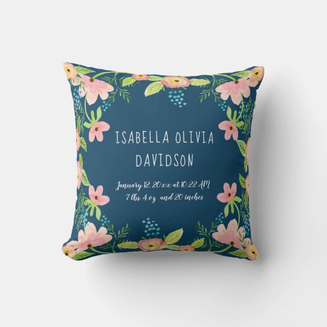 Modern Simple Floral Baby Birth Info Watercolor Cushion (Front)