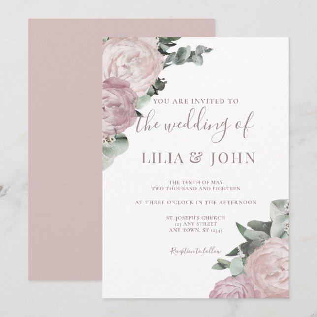 Modern Simple Floral Blush Dusty Rose Wedding Invitation (Front/Back)