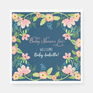 Modern Simple Floral Boho Girl Baby Shower Navy Napkin