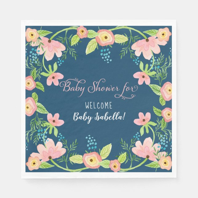 Modern Simple Floral Boho Girl Baby Shower Navy Napkin (Front)