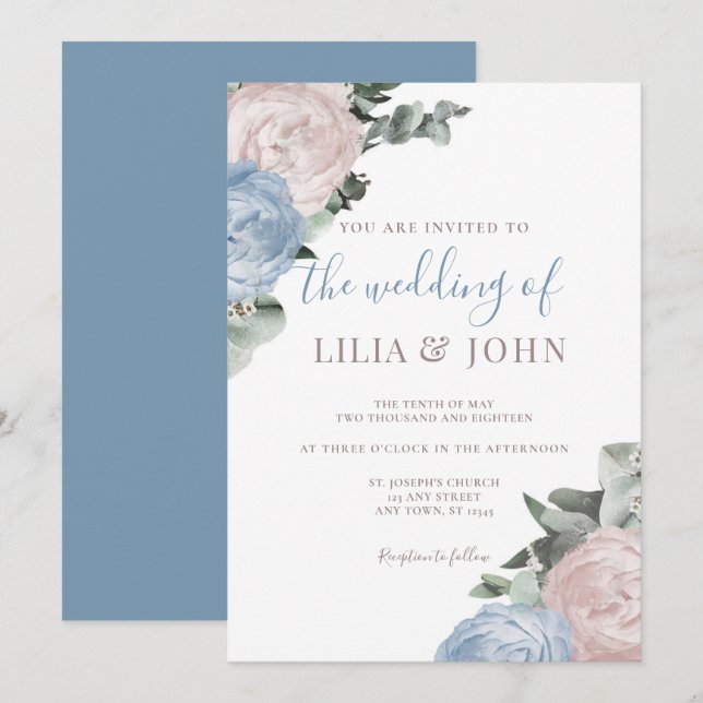 Modern Simple Floral Dusty Blue and Rose Wedding Invitation (Front/Back)