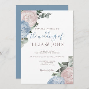 Modern Simple Floral Dusty Blue and Rose Wedding Invitation