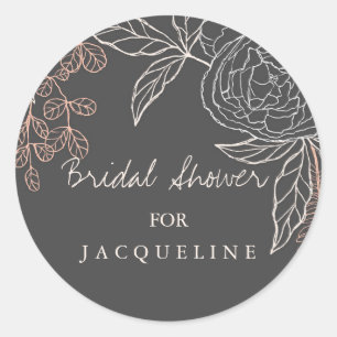 Modern Simple Floral Pen Sketch Grey Bridal Shower Classic Round Sticker