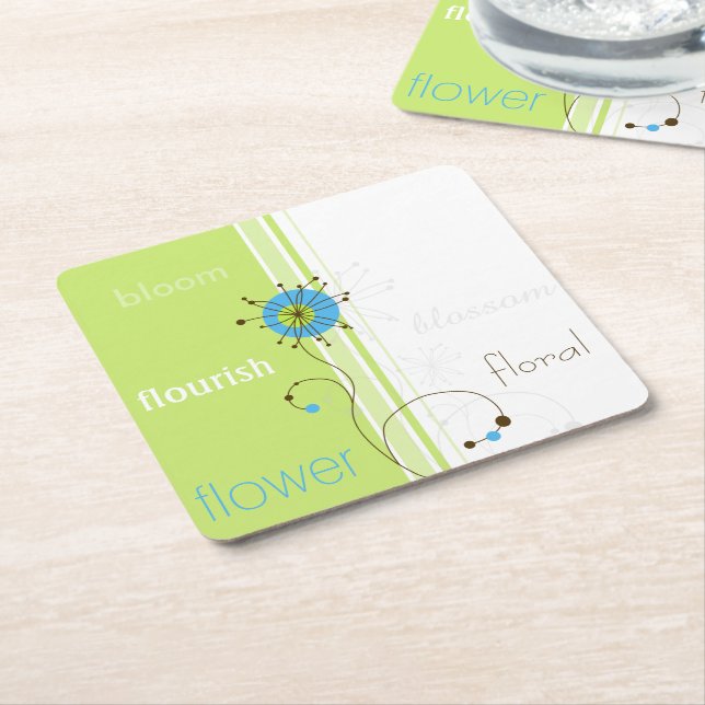 Modern Simple Flower Green Typography Square Paper Coaster (Angled)