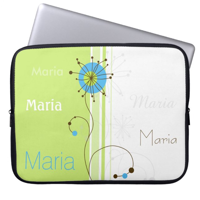 Modern Simple Flower Green Your Name Laptop Sleeve (Front)
