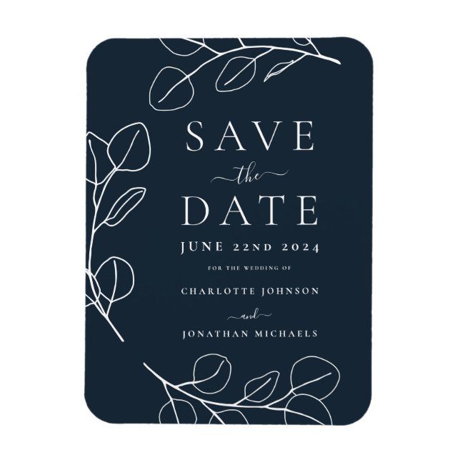 Modern Simple Foliage Navy Blue Wedding Magnet (Vertical)