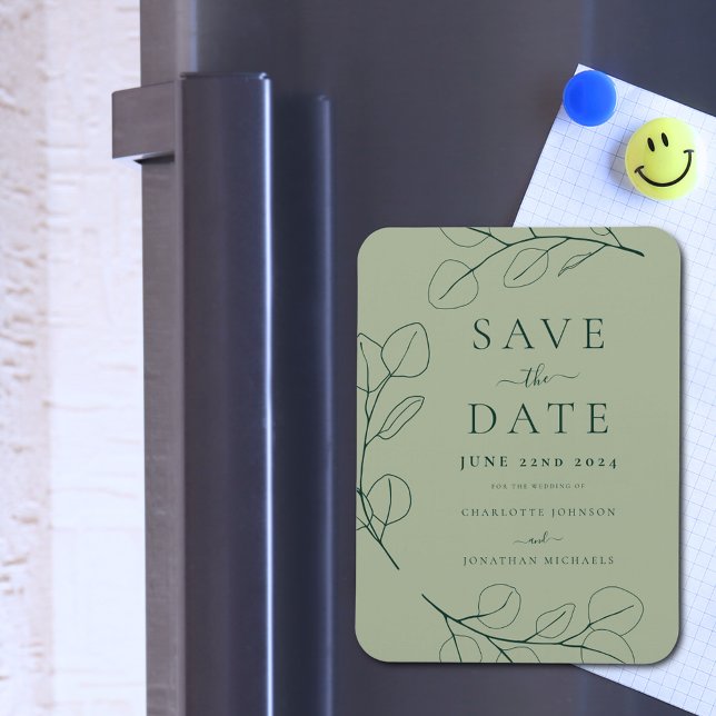 Modern Simple Foliage Sage Green Wedding Magnet (Minimalist leaves Stylish typography sage green wedding save the date invitation magnet)