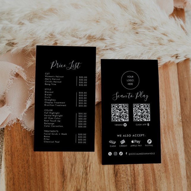 Modern Simple Formal Black Scan to Pay Price List Business Card (Creator Uploaded)