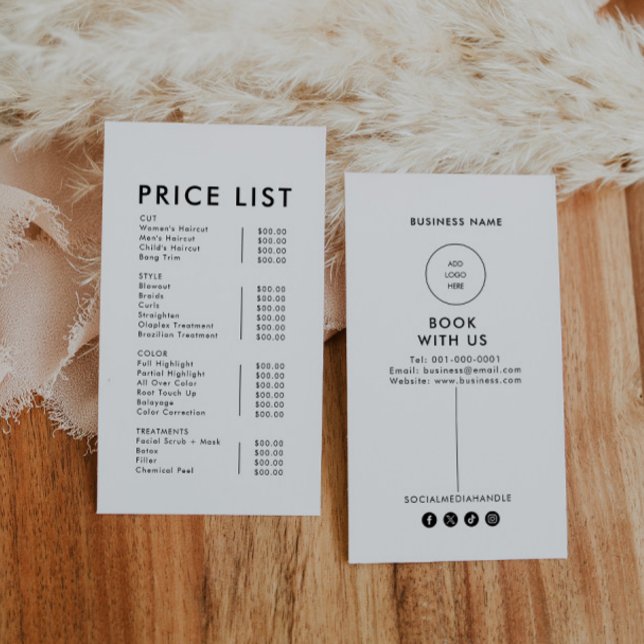 Modern Simple Formal Elegant Price List  Business Card (Creator Uploaded)