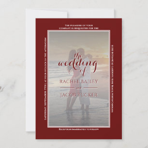 Modern Simple Frame 2-photo Dark Red White Wedding Announcement