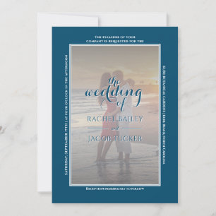 Modern Simple Frame 2photo Dark Blue White Wedding Announcement
