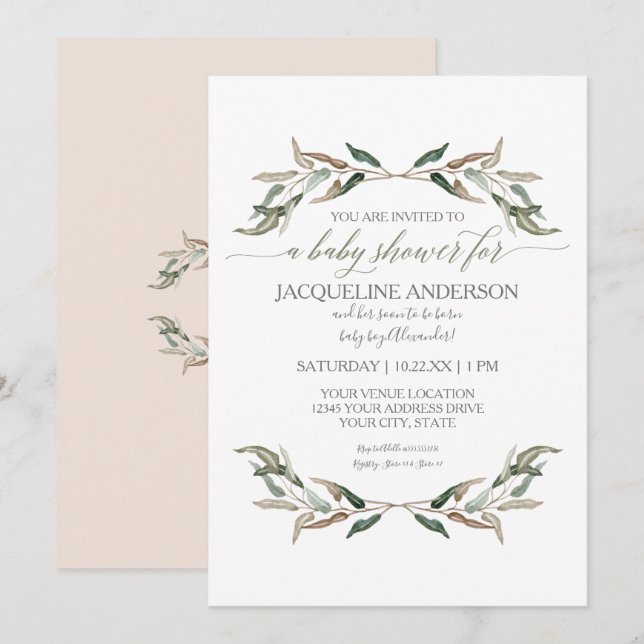 Modern Simple Girl Baby Shower Watercolor Greenery Invitation (Front/Back)