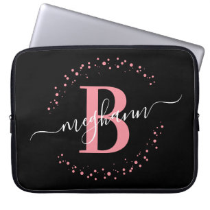 Modern Simple Girly Pink Black Monogram Script Laptop Sleeve