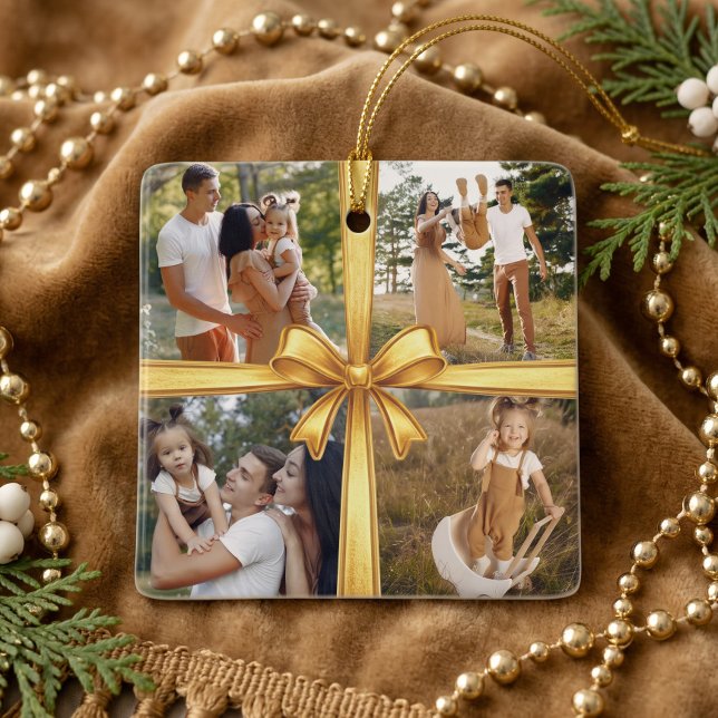 Modern Simple Gold Bow Custom 4 Photo Collage Ceramic Ornament (Modern Simple Gold Bow Custom 4 Photo Collage Ceramic Ornament)