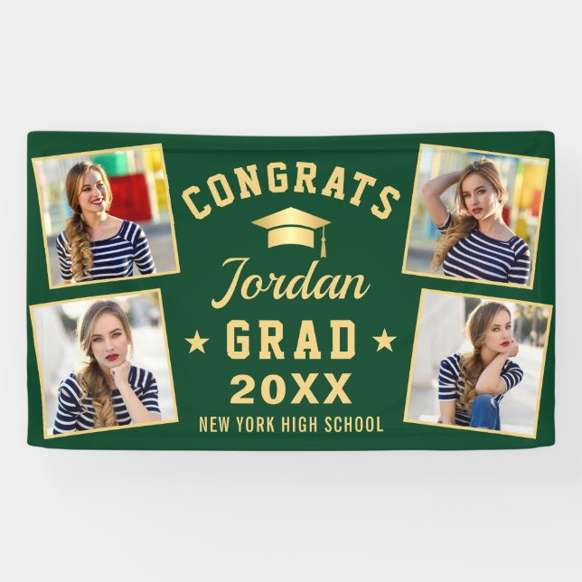Modern Simple Gold Green Graduation Party 4 PHOTO Banner (Horizontal)