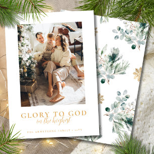 Modern Simple Gold & Greenery Photo Christmas Holiday Card