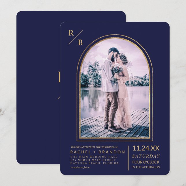 Modern Simple Gold Navy Blue Arch Wedding Invitation (Front/Back)