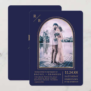 Modern Simple Gold Navy Blue Arch Wedding Invitation