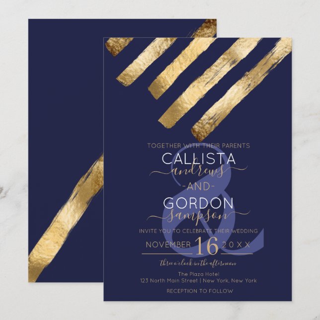Modern Simple Gold Navy Blue Brushstrokes Wedding Invitation (Front/Back)