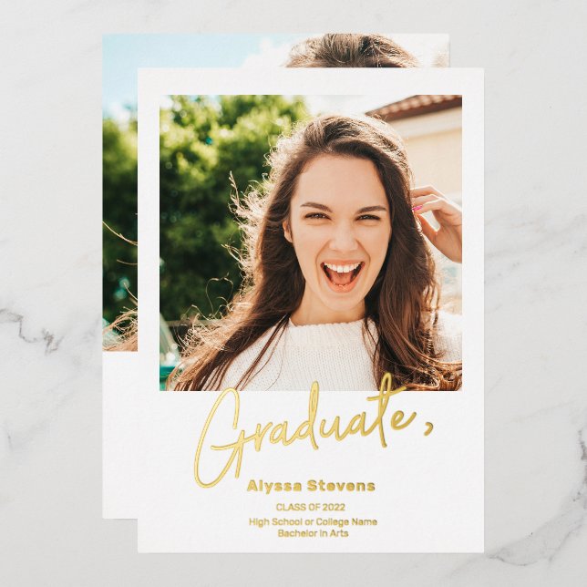 Modern simple gold white 2 photos graduation (Front/Back)