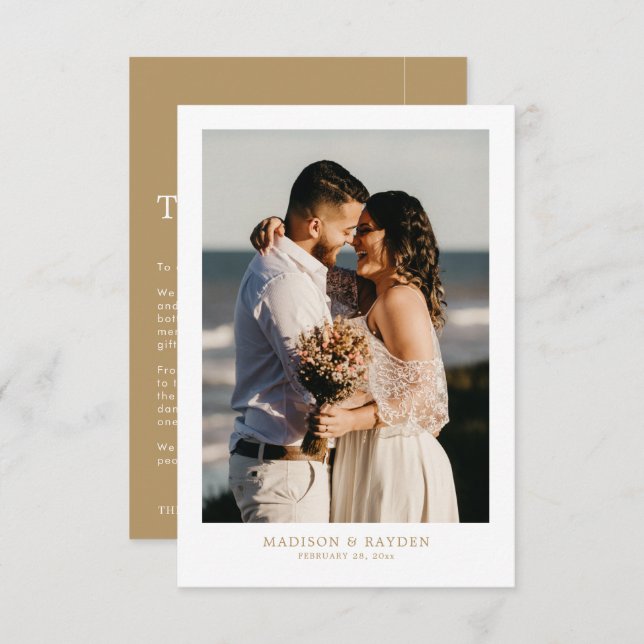 Modern Simple Gold with Photo Wedding Thank You Card (Front/Back)
