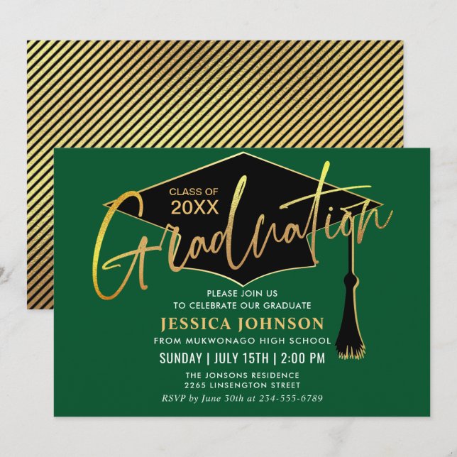 Modern Simple Golden Green Graduation Party Invitation (Front/Back)