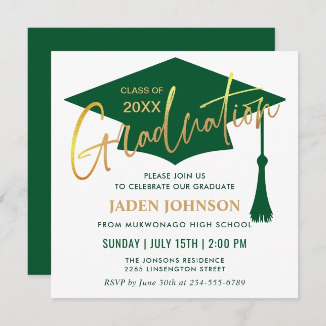 Modern Simple Golden Green Graduation Party Invitation (Front/Back)