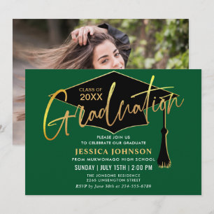 Modern Simple Golden Green Graduation Party Photo Invitation