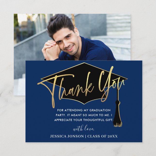 Modern Simple  Golden Navy Blue Graduation PHOTO Thank You Card (Front/Back)